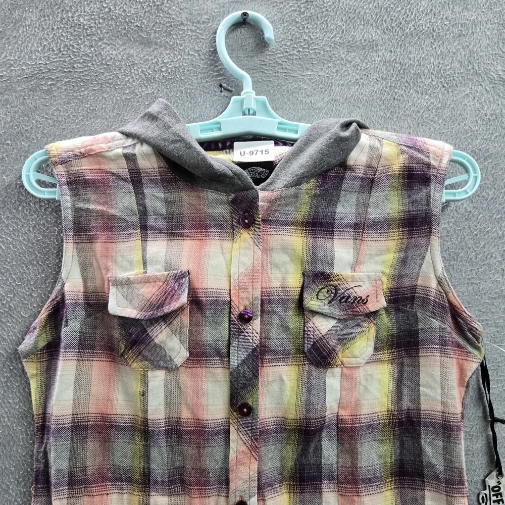 Vans Women Button Up Shirt S Plaid Flannel Hooded Grunge‎ Skater Sleeveless NWT